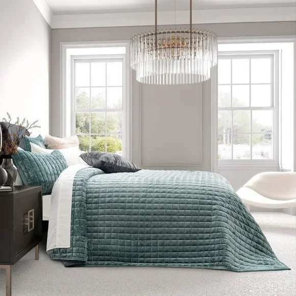 Aqua Green Blue Soft Quilted Squares Velvet Quilt Bedding 3pc Set Queen Size Bed